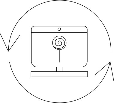 Bir bilgisayar ekranında, dairesel yenileme sembolü, güncelleme veya tatlı içerik ile çevrili bir lolipop simgesi görüntülenir.