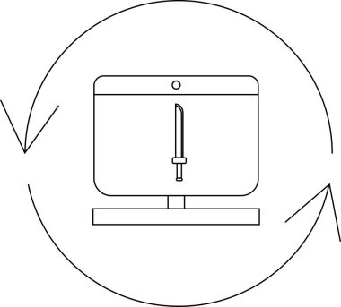 Bir bilgisayar ekranında siber güvenlik savunmasızlığı değerlendirmesini simgeleyen bir kılıç görülüyor. Ekranın etrafındaki oklar devam eden analizleri ve siber tehditlere karşı korunmayı öneriyor.