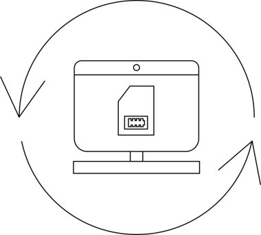SIM kart simgesi ile bilgisayarda veri aktarımı ve güncellemesini temsil eden dairesel oklarla çevrili veri eşzamanlama süreci.