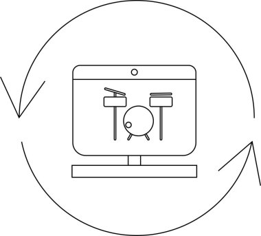 Bir bilgisayar ekranında, dijital müzik oluşturma ve döngüyü sembolize eden dairesel bir okla çevrili bir davul takımı simgesi gösterilir.