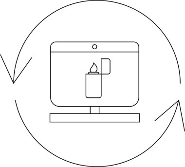 Dairesel bir okla çevrelenmiş, dijital kavramları sembolize eden, yanan bir çakmağı gösteren bir bilgisayar ekranının yer aldığı minimalist bir çizgi çizimi..