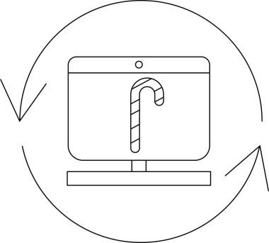 Bir bilgisayar monitörünün yer aldığı minimalist çizgi sanat ikonu. Oklarla çevrili şeker kamışı sergiliyor. Şenlik teknolojisinin yenilenmesini veya güncellenmesini sembolize ediyor..