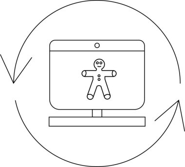 Bilgisayar ekranında, dijital tatil güncellemelerini sembolize eden yenilenmiş bir ikon ile çevrili zencefilli çörek adamın basit bir çizimi.