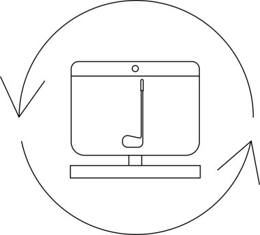 Dairesel oklarla çevrili bir bilgisayar ekranında sergilenen bir golf sopası, golfle ilgili online golf ya da teknoloji öneriyor..