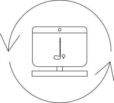 Bir golf simülasyonu simgesi bilgisayar ekranında dairesel oklarla çevrili bir golf sopası ve top, sanal golfü temsil ediyor..