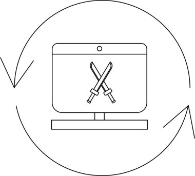 Çapraz kılıçlarla çevrili çevrimiçi oklarla çevrimiçi oyun yarışmalarını ve esportları temsil eden bilgisayar ekranını tasvir eden minimalist bir simge.