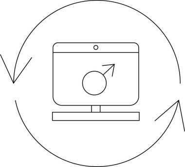 Bir bilgisayar ekranında, çevrimiçi cinsiyet geçiş kaynaklarını temsil eden ve destekleyen, oklarla çevrelenmiş erkek cinsiyet sembolü gösteriliyor.