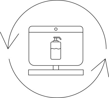 Çevrimiçi satın alma ve teslimatı temsil eden dairesel bir okla çevrili el dezenfektanı şişesini gösteren basit bir bilgisayar ekranı simgesi..