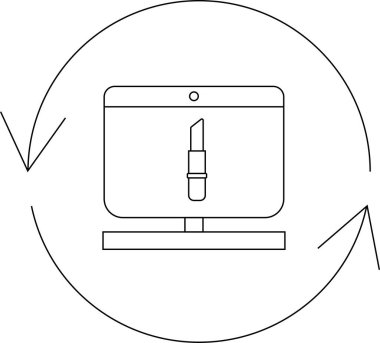 Çevrimiçi makyaj dersini betimleyen basit bir çizgi sanat simgesi, dairesel bir okun içindeki bir bilgisayar ekranında ruj izi.