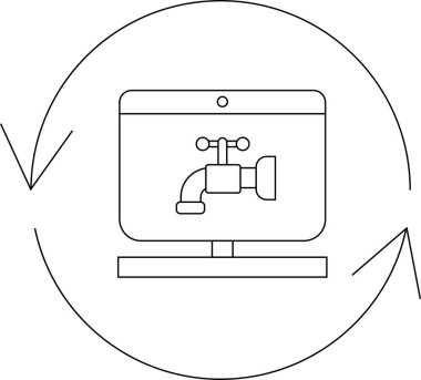 Dairesel okla çevrili bir musluk simgesine sahip bilgisayar ekranı veri sızıntısı hassasiyetini ve siber güvenlik ihtiyacını temsil eder..