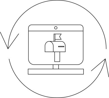 Bir bilgisayar ekranında dijital posta kutusunu tasvir eden, e-posta senkronizasyonunu ve modern iletişim metotlarını sembolize eden minimalist bir sanat çizgisi çizimi.