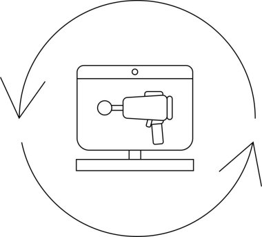 Bir bilgisayar monitörü dairesel oklarla çevrili bir lazer silahı gösterir, dijital ortamda bir döngü veya döngü olduğunu gösterir.