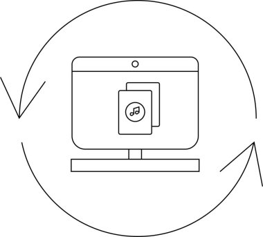 Dairesel bir okla çevrili, dosya dönüşümünü veya senkronizasyonu sembolize eden müzik dosyalarını gösteren bir bilgisayar ekranının canlandırması.