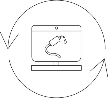 Dairesel oklarla çevrili, veri akışını ve sistem güncellemelerini sembolize eden, yakıt enjektörünü gösteren bir bilgisayar ekranı tarafından temsil edilen dijital yakıt yönetim sistemi.