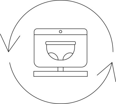 Çevrimiçi iç çamaşırı alışverişini gösteren bir minimalist çizgi sanat ikonu, etrafında dairesel oklar olan iç çamaşırlarını gösteren bir bilgisayar ekranı..