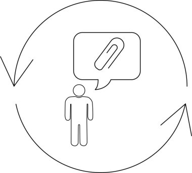 İçinde ataç bulunan konuşma baloncuğu olan bir kişi, çembersel bir okla çevrili, bir iletişim döngüsünde bağlanma ve bağlantı kavramını temsil eder..