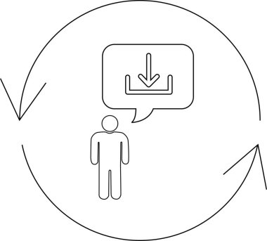 Oklarla sembolize edilmiş döngüsel bir süreç içinde veri transferini veya kazanımını gösteren bir indirme simgesiyle bir kişiyi tasvir eden kavramsal illüstrasyon.