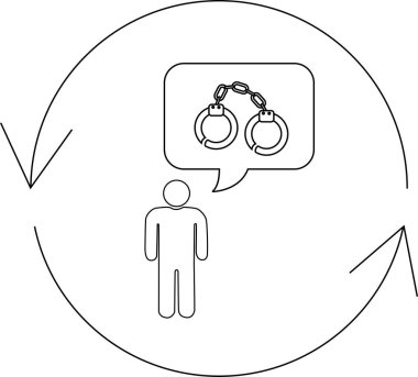 Döngüdeki bir kişi kelepçeleri düşünüyor, suç, ceza veya hukuki konularla ilgili bir kavramı temsil ediyor..