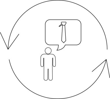 Basit bir simge, bir karar ya da döngü öneren dairesel bir okla çevrili bir kravat içeren düşünce baloncuğu olan birini gösterir..