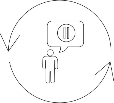 Bir kişi döngüsel bir okun içinde duruyor, düşünce balonunda bir duraklama sembolü, yansımayı, dinlenmeyi ve ara vermenin önemini simgeliyor..