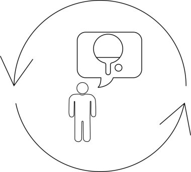 Bir kişi masa tenisini düşünüyor, bir konuşma balonunun içinde, dairesel bir akış içinde, sürekli bir döngü ya da süreç öneriyor..