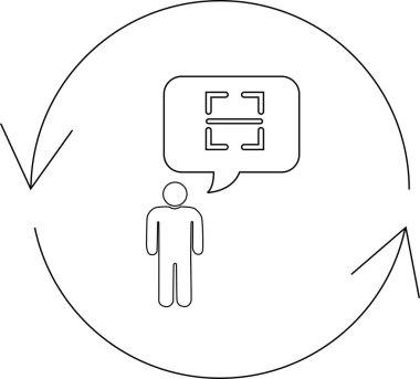 Konuşma balonunda QR kodu olan, dairesel oklarla çevrili bir kişi, tarama veya etkileşim öneriyor.