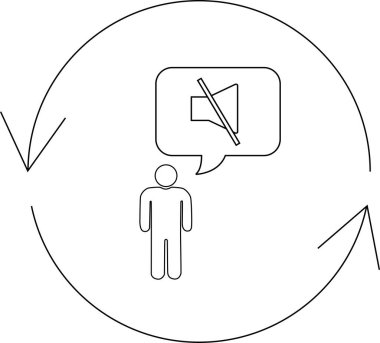 Konuşma balonunda dilsiz sembolü olan bir figür, dairesel bir okla çevrili, bir sessizlik döngüsünü ya da iletişim sorunlarını temsil ediyor..