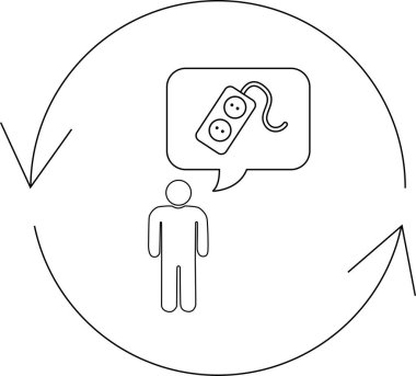 Bir çöp adam güç şeridi düşünüyor. Şekil, iki tarafında okları olan bir döngünün içinde..