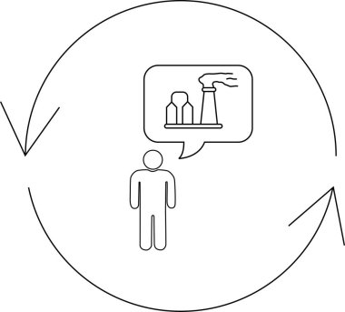 İllüstrasyon, çevre üzerindeki insan etkisini, endüstri ve dairesel ekonomi kavramına odaklanmayı tasvir ediyor.