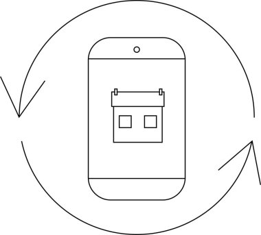Ev simgesini gösteren bir cep telefonunun minimalist çizgisi çizimi, bir rotasyon sembolü ile çevrili, emlak uygulaması kavramları için ideal.