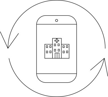 Çevresi dairesel oklarla çevrili, mobil sağlık uygulamaları ve hizmetlerini sembolize eden bir hastane binasını gösteren akıllı telefonlu bir simge.