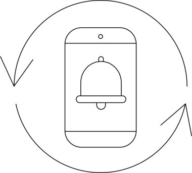 A minimalist line art illustration of a mobile phone displaying a notification bell icon, surrounded by circular arrows, symbolizing reminders and updates.