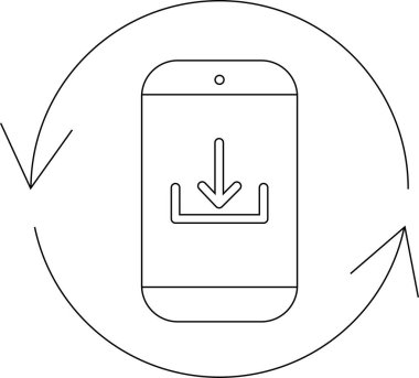 A simple line art icon depicting a mobile phone with a download symbol, surrounded by a circular arrow, representing software updates and technology.