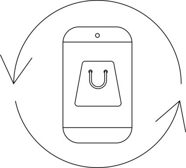 Dairesel okla çevrili, uygulamayı yenilemeyi veya güncellemeyi temsil eden, alışveriş poşeti sembollü bir cep telefonu tasvir eden basit bir çizgi resim simgesi.
