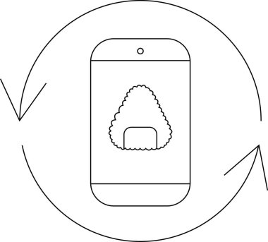 Onigiri simgesini gösteren, yenilenmiş oklarla çevrelenmiş, uygulama güncellemelerini ve gıda teknolojisini sembolize eden bir akıllı telefon çizgisi sanatı.