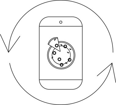 A pizza ordering app icon with a smartphone displaying a pizza and circular arrows indicating delivery.