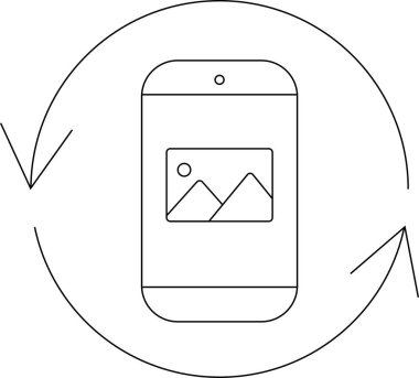 Dönen daire içinde manzara görüntüsü olan akıllı bir telefonu tasvir eden simge, resim dönüşümünü, dijital içerik dönüşümünü ve mobil teknolojiyi sembolize eder.
