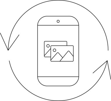 Dairesel bir okun içinde fotoğraf senkronizasyonunu ve yedek süreçleri temsil eden resimli akıllı telefonu gösteren bir simge.