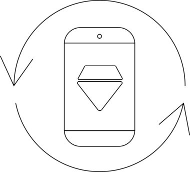 Dairesel dönüş okları, uygulama güncellemelerini veya prim özelliklerini sembolize eden, elmas simgesini gösteren bir akıllı telefonun minimalist çizgisi çizimi.