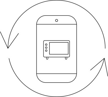 A minimalist line art illustration of a smartphone displaying a microwave oven icon, encircled by a circular arrow, symbolizing technology and convenience.