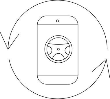 Akıllı telefon dairesel bir okla çevrili, teknoloji ve ulaşım entegrasyonunu sembolize eden bir direksiyon simgesini gösterir.