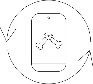Kırık bir telefon ekranını gösteren minimalist bir simge. Kırık bir kemik kırığı sembolü. Dairesel oklarla çevrili..