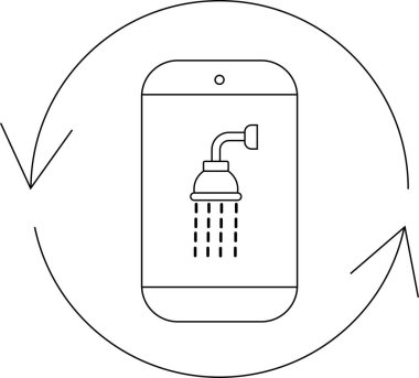 Duş ikonunu gösteren, teknolojinin kişisel hijyen ve günlük rutinlerle bütünleşmesini sembolize eden bir akıllı telefon. Oklar güncellemeleri veya senkronizasyonu öneriyor.