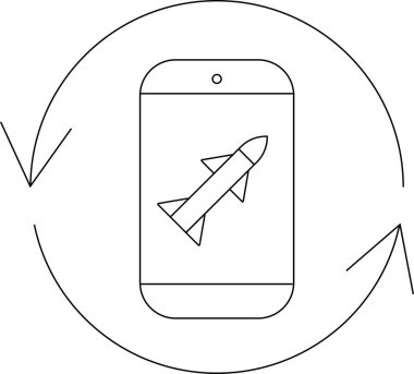 Bir cep telefonunun dairesel oklarla çevrelenmiş bir roket simgesini gösteren ve bir güncelleme veya yenileme sürecini gösteren minimalist bir çizgisi çizimi.