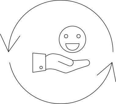 Müşteri geribildirim döngüsü simgesi. Gülümseyen bir yüzü tutan bir el. Müşteri memnuniyetini ve sürekli gelişmeyi simgeliyor..