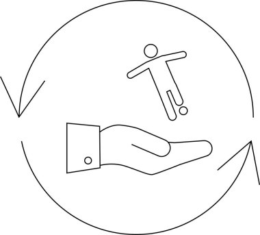 Spor sponsorluğunu tasvir eden minimalist bir ikon, dairesel ok içinde bir futbolcuyu destekleyen bir el, destek ve promosyonu simgeliyor..