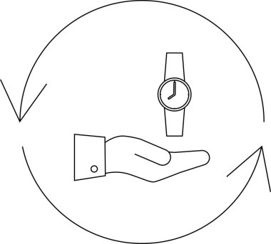 Zaman yönetimini simgeleyen simge, dairesel akış içinde kol saati sunan bir el, zamanın döngüsel doğasını ve üretkenliği sembolize ediyor..