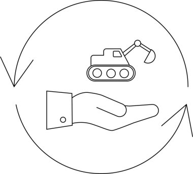 Bir elde kazıcı simgesi, dairesel oklarla çevrili, inşaat, endüstri ve hizmetleri temsil eden.