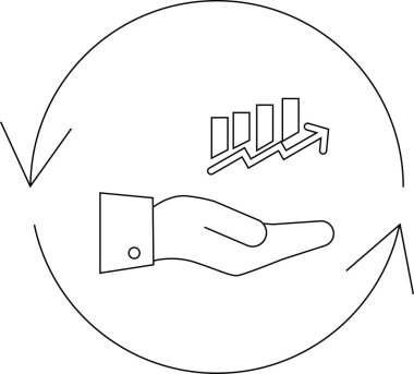 Büyümeyi sembolize eden, sürekli gelişim ve gelişim döngüsünü temsil eden dairesel bir okla çevrili yükselen bir çubuk grafiğini tutan bir el..
