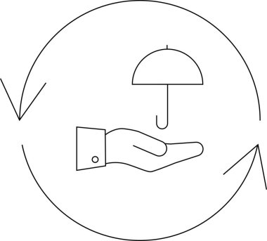 Oklarla çevrili bir çemberin içinde şemsiyeyi tutan bir elin çizimi, sigorta, koruma ve güvenliği temsil ediyor..